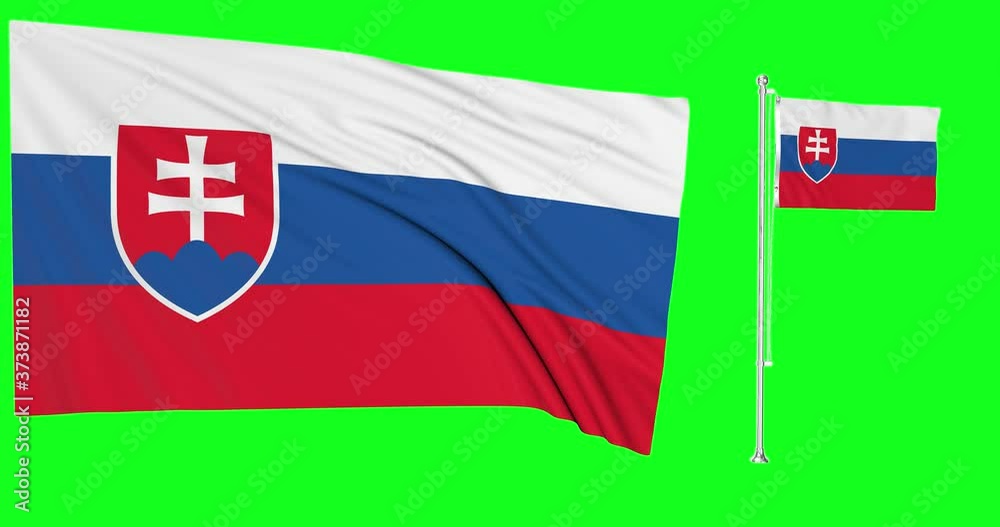 Green screen hiper realistic of Slovakia two flags waving in the wind slovakian flagpole fluttering with highly detailed fabric texture animation 4k 3d chroma key