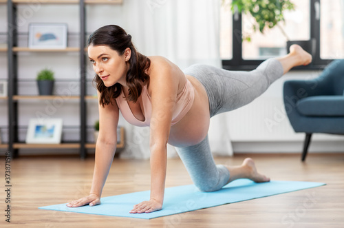 sport, fitness and people concept - happy pregnant woman exercising at home