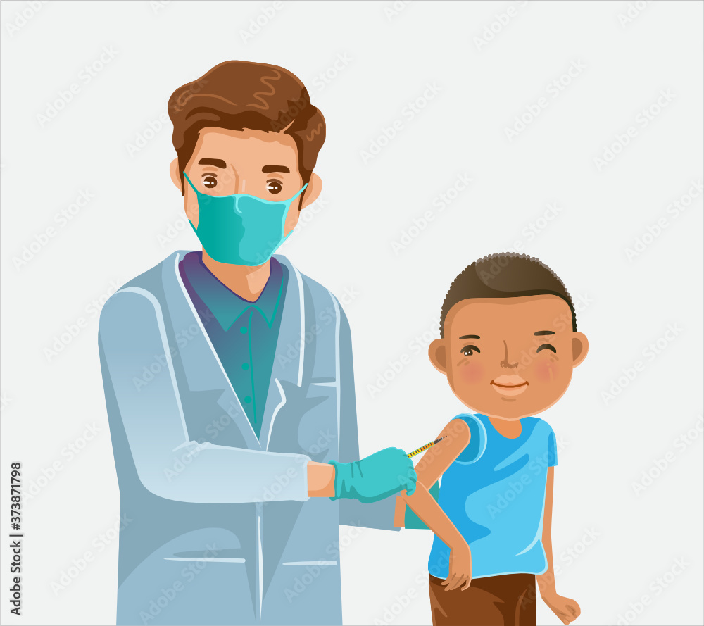 Child vaccinated. Doctor holds an injection vaccination for boy. Pediatrician doctor child care. Vaccination concept. Vector illustration. Child vaccinated. Doctor holds an injection vaccination for boy. Pediatrician doctor child care. Vaccination concept. Vector illustration.