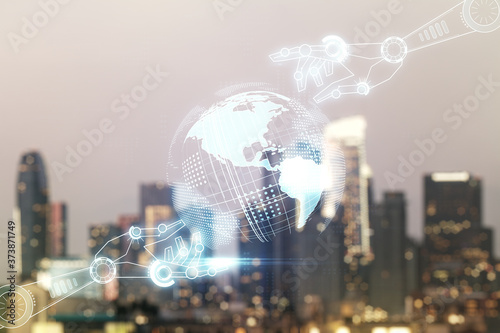 Double exposure of abstract virtual robotics technology with world map hologram on blurry cityscape background. Research and development software concept