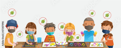 Children drawing and painting. Kids with protection. Group of children wearing medical masks to prevent disease, flu, contaminated air, air pollution, Health care concept. Child care center.