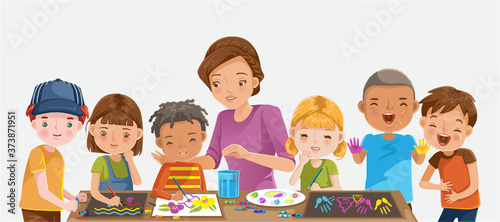 Child care center. Children drawing and painting. Teachers and children at school in the classroom. 