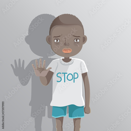 African boy STOP sign with his hands. Racist children concopt. Problems racial differences concept. Children's health problems. Child abuse problems. Stop bullying on their classmate in school.