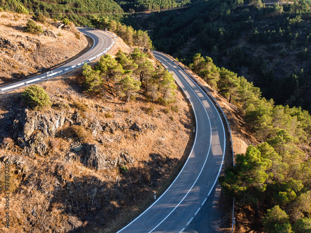 Winding mountain road in Madrid. Aerial drone view