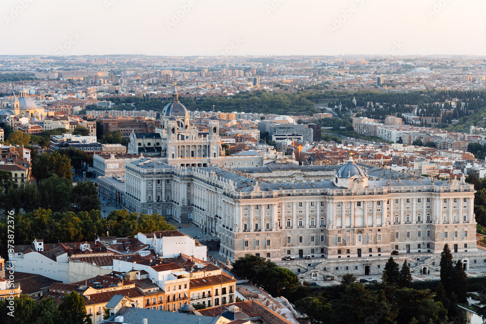 Madrid city centre aerial panoramic view at sunset. Royal Palace