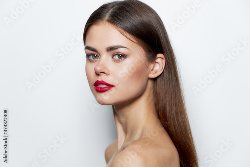 Girl bright makeup Red lips charming look smile