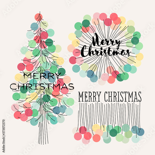 Set of pastel colored garland, wreath and Christmas tree. Editable dashed line stroke
