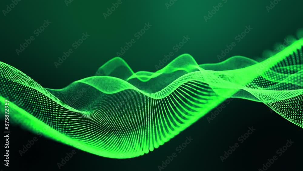 4k looped abstract green background of glow particles form lines, surfaces, structures as futuristic landscape in cyberspace or hologram. Sci-fi theme with DOF, lighting effects and bokeh.