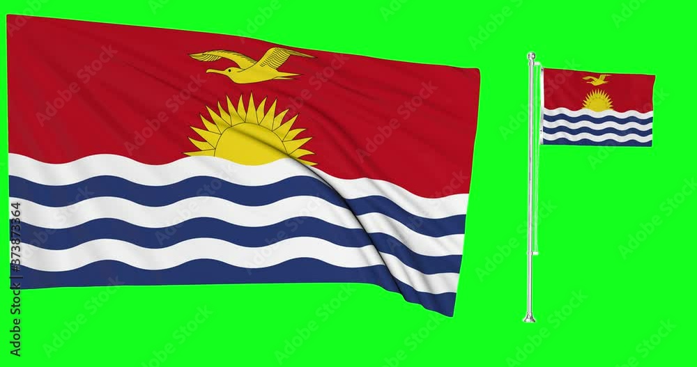 Green screen hiper realistic of Kiribati two flags waving in the wind kiribatian flagpole fluttering with highly detailed fabric texture animation 4k 3d chroma key