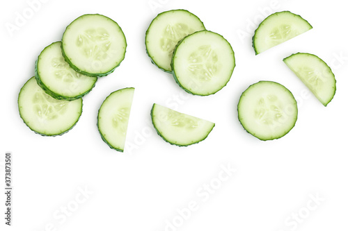 Sliced cucumber isolated on white background with clipping path and full depth of field, Top view with copy space for your text. Flat lay