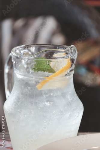 Close up Glass of Lime Soda beverage. Background for fresh joice beverage. photo