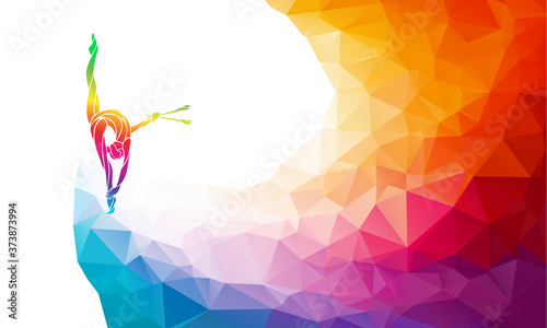 Creative silhouette of gymnastic girl. Rhythmic gymnastics with clubs, colorful vector illustration with background or banner template in trendy abstract colorful polygon style and rainbow back