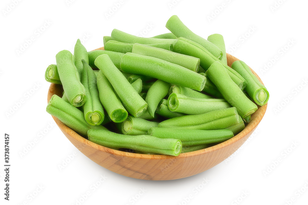 Green beans in wooden bowl isolated on a white background with clipping path and full depth of field,