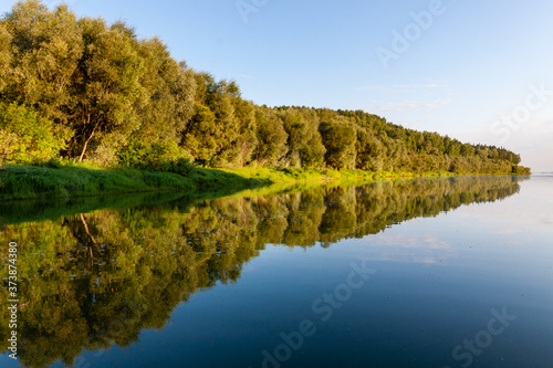 Siberian River Ob surrounded by Trees in Early morning in Russia in sunny weather during summer