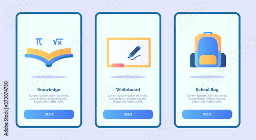 Knowledge whiteboard schoolbag for mobile apps template banner page UI with three variations modern flat color style