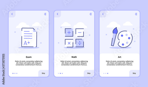 Exam math art onboarding screen for mobile apps template banner page UI with three variations modern flat outline style.