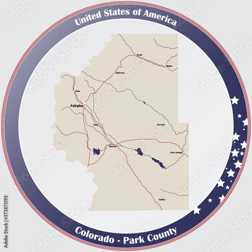 Round button with detailed map of Park County in Colorado, USA.