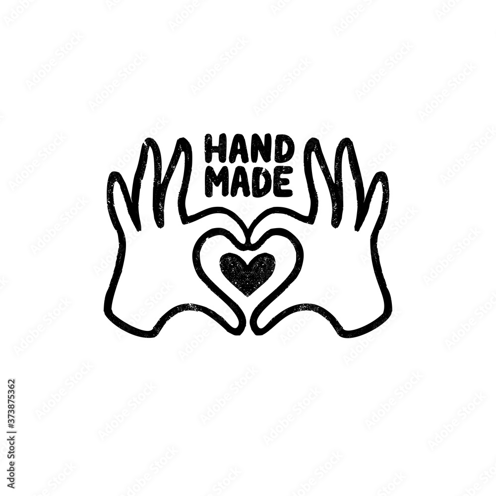 Obraz premium Hand made icon or logo. Vintage stamp icon with hands and heart image and handmade lettering.