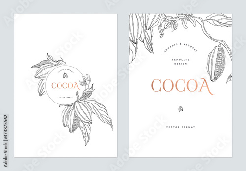Creative poster template design, line art illustration of cocoa and leaves on white