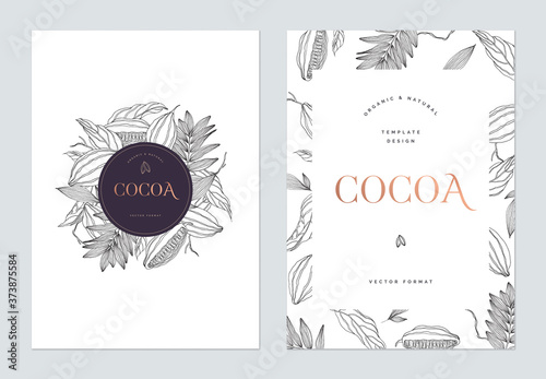 Creative poster template design, line art illustration of cocoa and various leaves on white