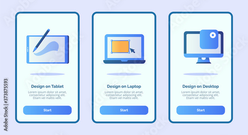 Design on tablet design on laptop design on desktop for mobile apps template banner page UI with three variations modern flat outline style.