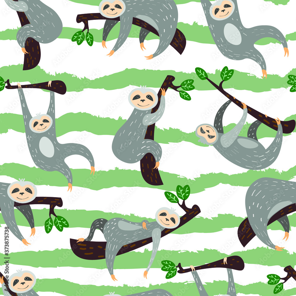 Naklejka premium cute family of sloths , funny animals vector seamless pattern on white background. Concept for wallpaper, wrapping paper cards , print