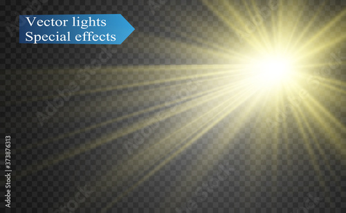 Special lens flash, light effect. The flash flashes rays and searchlight. illust.White glowing light. Beautiful star Light from the rays. The sun is backlit. Bright beautiful star. Sunlight. Glare.