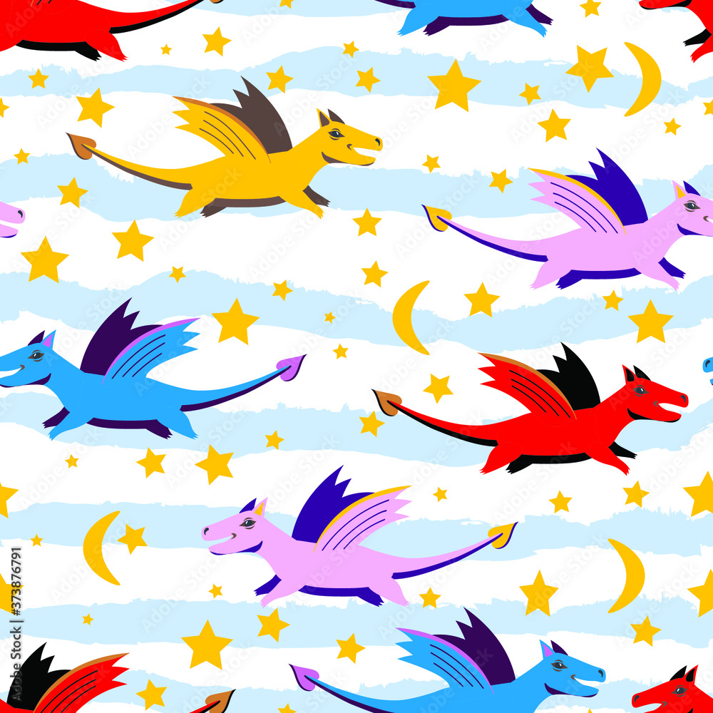 cut characters dragons on the stary sky vector seamless pattern isolated on white background. Concept for wallpaper, clothing, textile cut characters dragons on the stary sky vector seamless pattern isolated on white background. Concept for wallpaper, clothing, textile