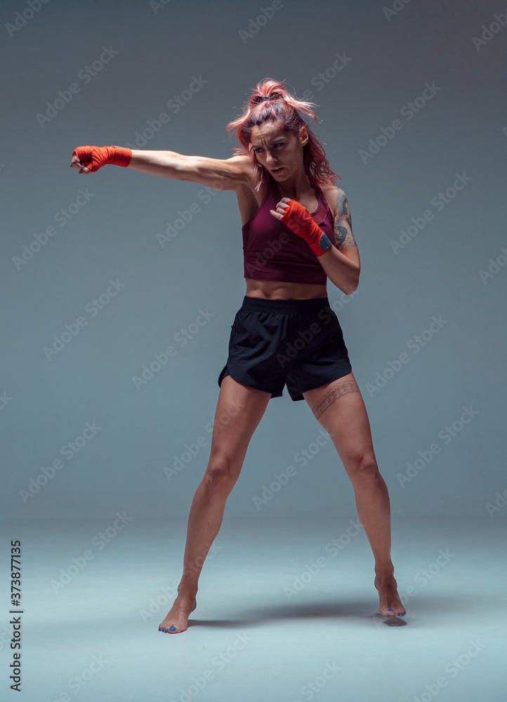 Fototapeta premium Cool girl fighter boxing in studio isolated on gray background. Mixed martial arts poster