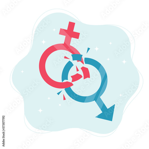 Gender norms concept. Gender symbols breaking in pieces. Vector illustration in flat style