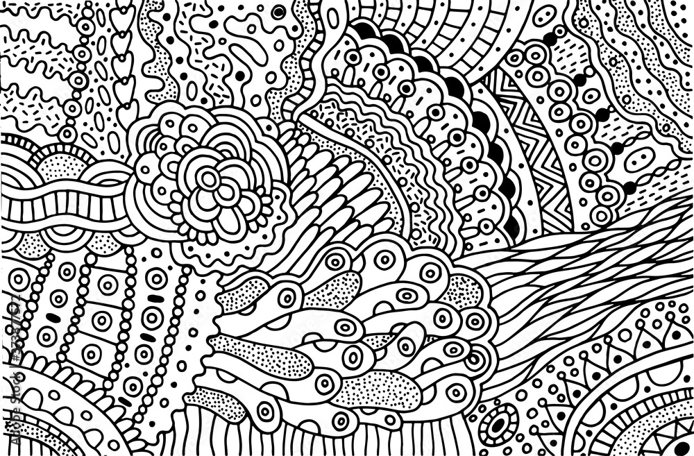 Surreal doodle pattern for coloring book for adults. Coloring page with