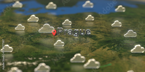 Cloudy weather icons near Prague city on the map, weather forecast related 3D rendering