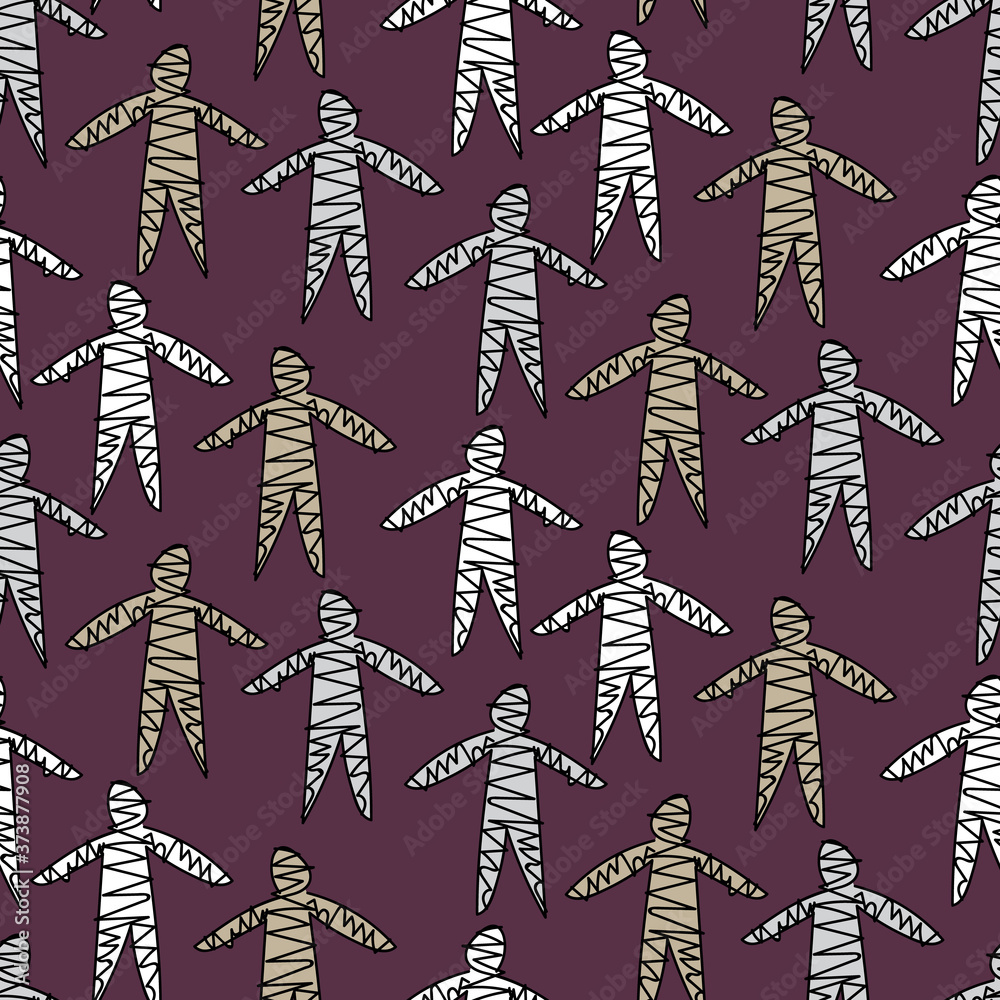Walking mummies seamless vector halloween pattern. Spooky doodle surface print for fabrics, stationery, textiles, scrapbook paper, gift wrap, and packaging. Walking mummies seamless vector halloween pattern. Spooky doodle surface print for fabrics, stationery, textiles, scrapbook paper, gift wrap, and packaging.