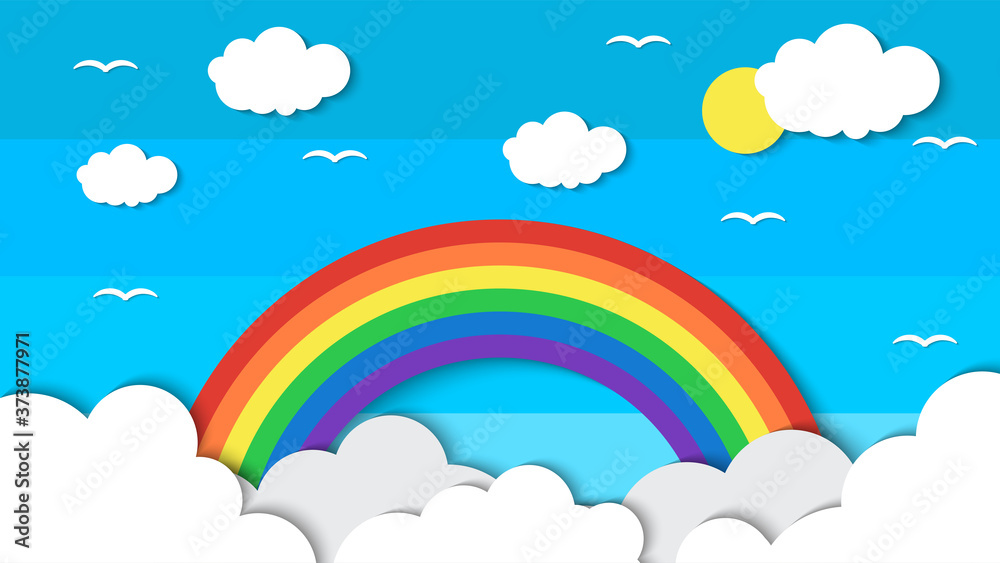 Beautiful Colorful Rainbow in blue sky paper art vector illustrations, good for background,wallpaper and backdrop