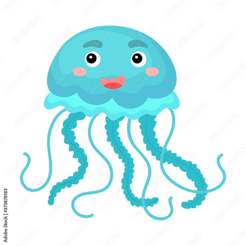 Cute funny blue jellyfish print on white background. Ocean cartoon animal character for design of album, scrapbook, greeting card, invitation, wall decor. Flat colorful vector stock illustration.