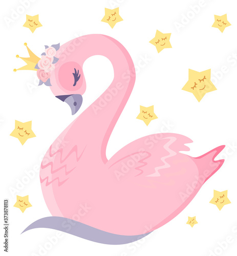 Lovely pink swan. The swan princess. Illustration for children, print on a T-shirt for a child. Bird in the crown.