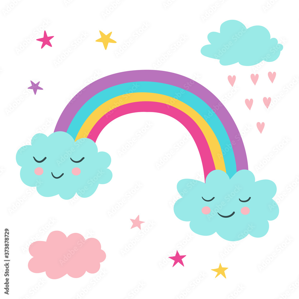 Cartoon set of rainbows, stars, clouds, hearts. Cute children's vector illustrations. Great design element for sticker, patch or poster. 