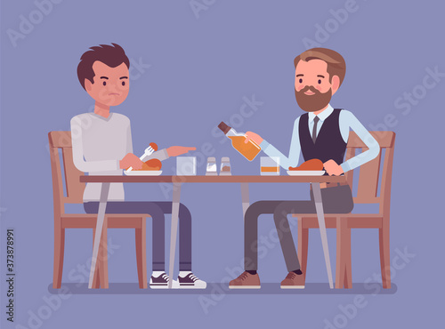 Alcohol refusal in pressure to drink. Male friends enjoy restaurant, cafe dinner, beverage offer and no thanks, enough reply, person choosing healthy lifestyle. Vector flat style cartoon illustration