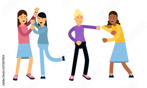 Warring Females Fighting and Yelling at Each Other Vector Illustration Set
