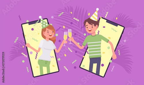 Happy pair hosting online party, gathering to celebrate by smartphone. Man, woman using mobile phone app to meet, hang out, virtual date event on home isolation. Vector flat style cartoon illustration