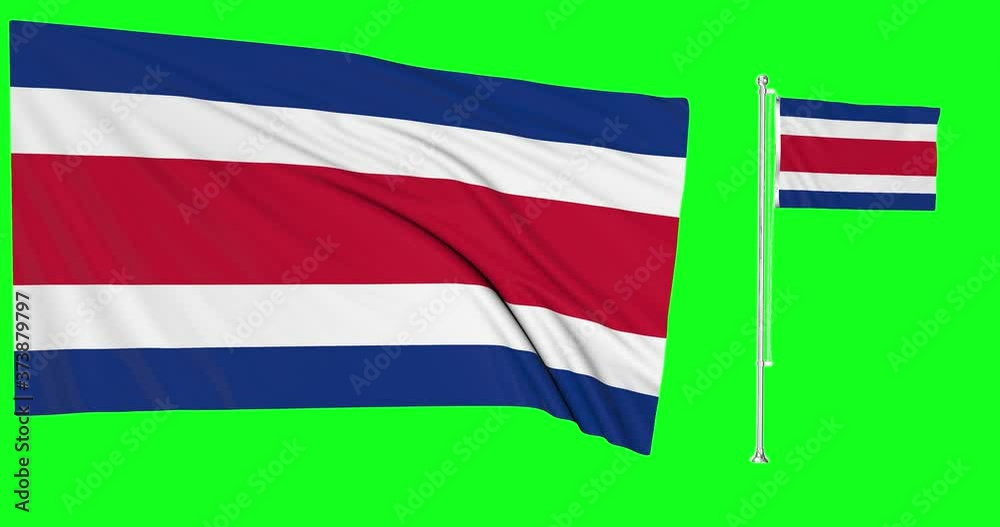 Green screen hiper realistic of Costa Rica two flags waving in the wind ricans flagpole fluttering with highly detailed fabric texture animation 4k 3d chroma key