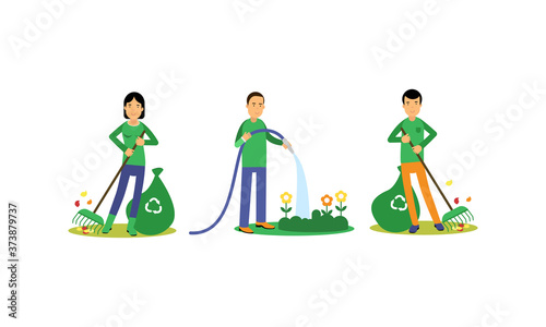 People Characters Contributing into Environment Preservation by Planting Flowers and Garbage Disposal Vector Illustration Set