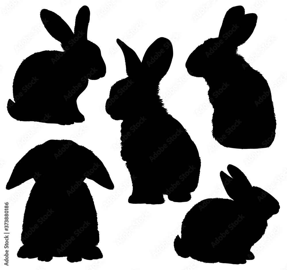 Obraz premium Five black silhouettes of cute rabbits sitting in various poses. Vector Illustrations.