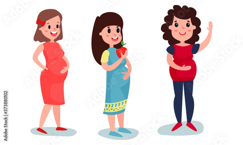 Young Pregnant Woman Eating Apple and Walking Vector Illustration Set
