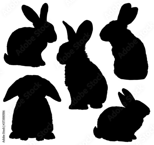 Five black silhouettes of cute rabbits sitting in various poses. Vector Illustrations.