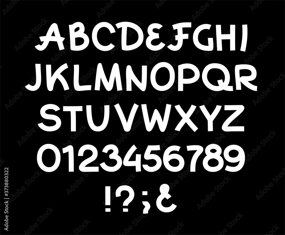 English alphabet, thick lines, white. Handwritten, thick font. White letters and numbers on a black field. Vector.  