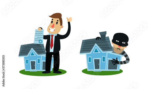 Man Holding Real Estate Insurance Paper Vector Illustration Set