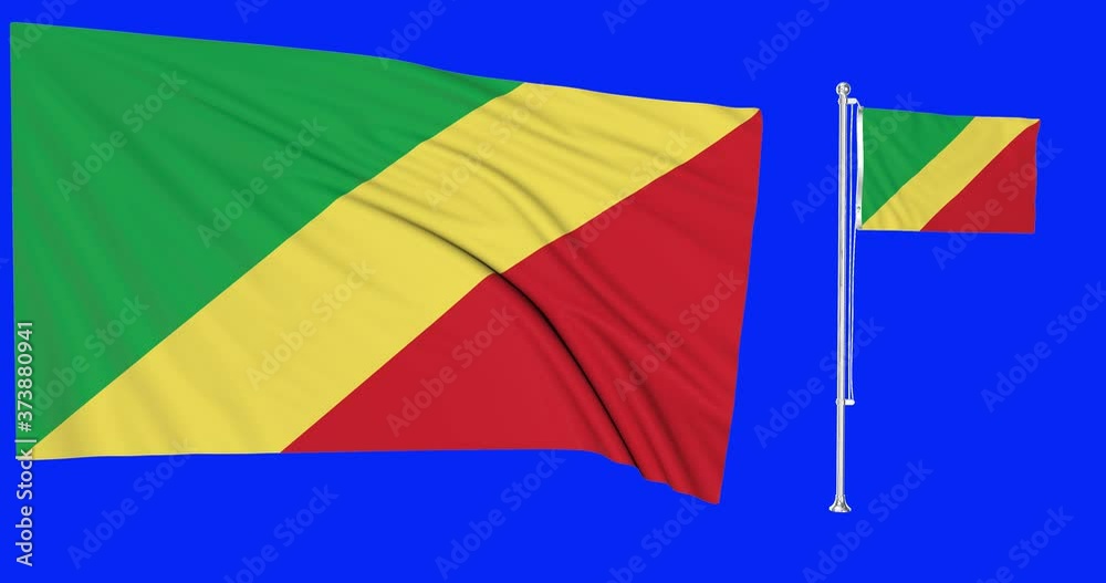 Green screen hiper realistic  of Republic Congo two flags waving in the wind congolese flagpole fluttering with highly detailed fabric texture animation 4k 3d chroma key