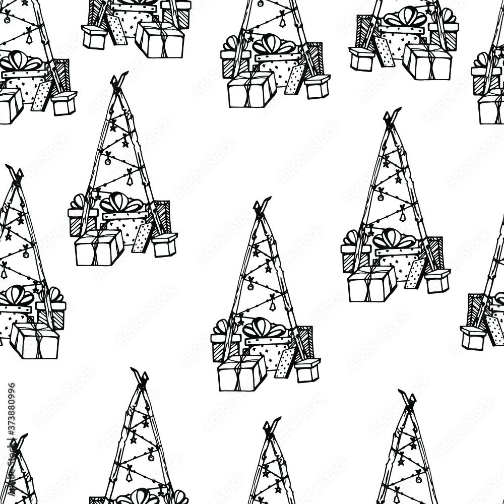 Coloring book with a Christmas tree, gifts, lights. Festive background for children and adults. Christmas. One of a series of handmade liner graphics. For wallpaper, textile, design, banner. coloring 