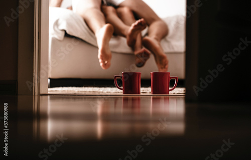 Love story. Lovers concept. Good morning. Coffee cups